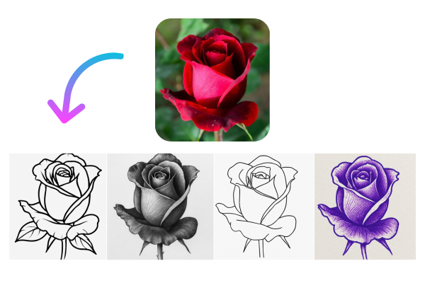 A rose photo converted into four tattoo stencil styles